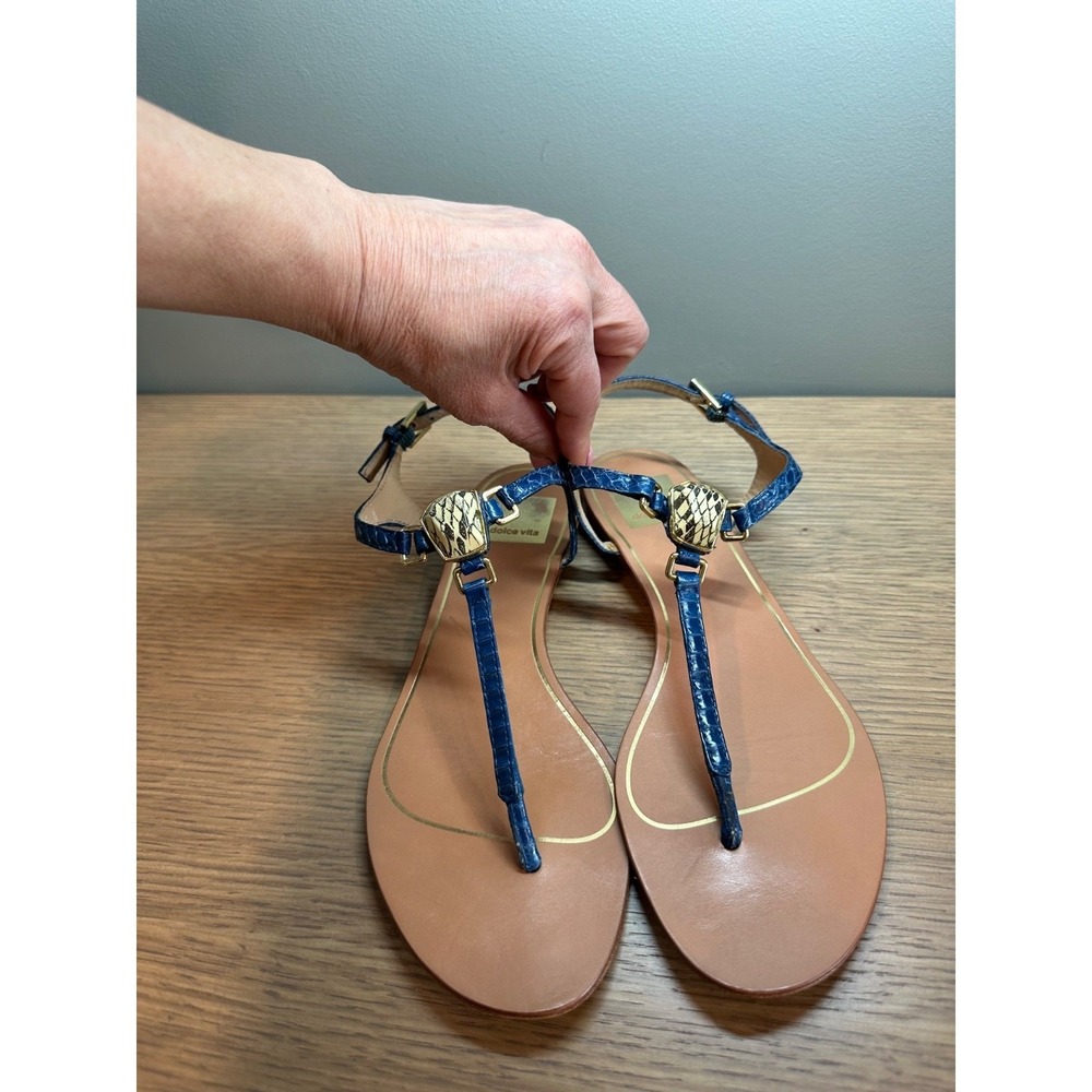 Dolce Vita Blue Croc Embossed Leather T Strap Sandals Snake Accent 7 - Picture 16 of 16